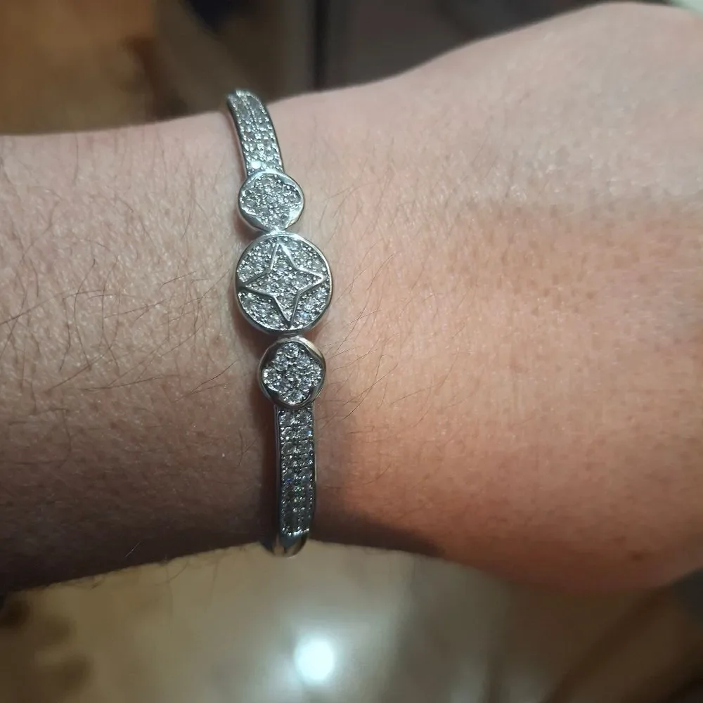 Silver Diamond Clover Bangle Bracelet